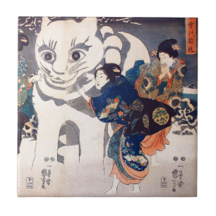 猫の雪だるま,国芳 Big Cat Snowman, Kuniyoshi, Ukiyo-e Tile