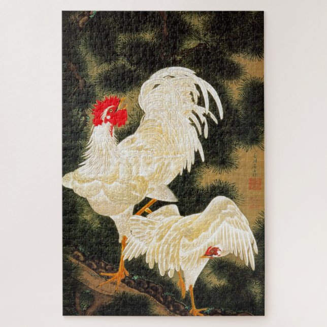 老松白鶏図, 若冲 Pine-tree & White Chickens, Jakuchū Jigsaw Puzzle (Vertical)