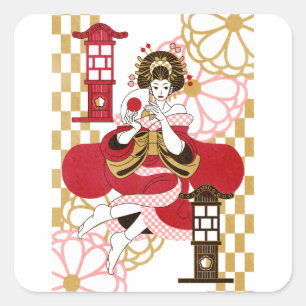 花魁と行灯(Oiran and Andon) Square Sticker