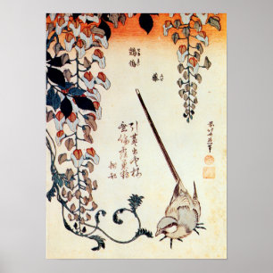 藤にセキレイ, 北斎 Wagtail and Wisteria, Hokusai, Ukiyo-e Poster