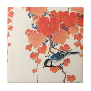 赤い蔦に鳥, 古邨 Bird on Red Ivy, Koson, Ukiyo-e Tile