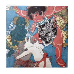 金太郎と動物,国芳 Kintaro & Animals, Kuniy Tile