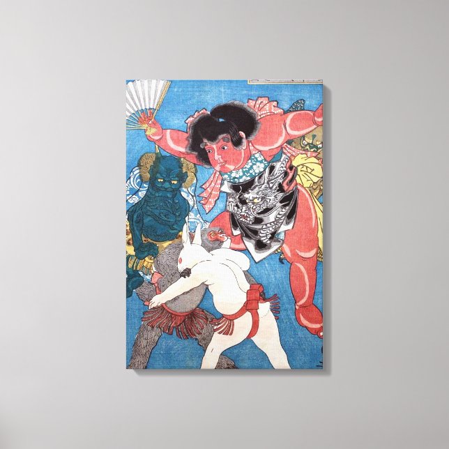 金太郎と動物,国芳 Kintaro & Animals, Kuniyoshi, Ukiyo-e Canvas Print (Front)