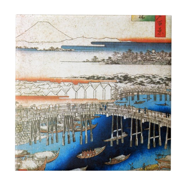 雪の日本橋, 広重 Snowy Nihonbashi, Hiroshige, Ukiyo-e Tile (Front)