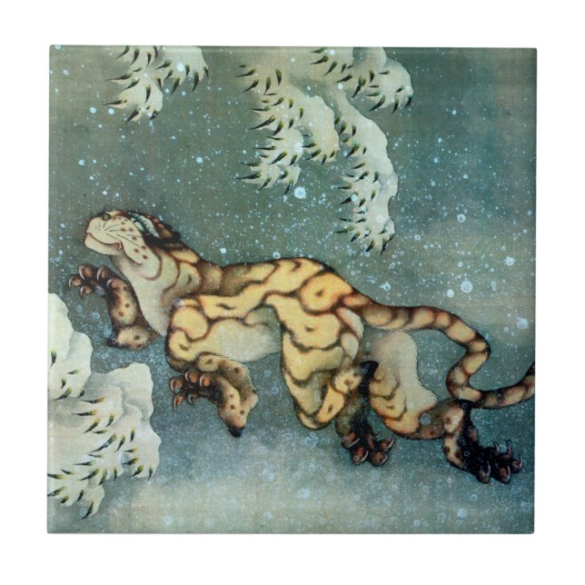 雪中虎図, 北斎 Tiger in the Snow, Hokusai, Art Tile (Front)
