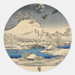 雪景色に雀, 広重 Sparrows in Snow Landscape, Hiroshige Classic Round Sticker