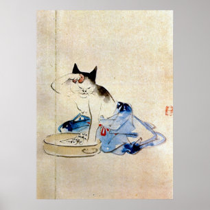 顔を洗う猫, 広重 Cat Face Wash, Hiroshige Poster