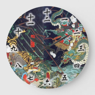 龍虎, 豊国 Dragon & Tiger, Toyokuni, Ukiyo-e Large Clock