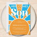 Search for colourful baby boy shower invitations Here comes the son