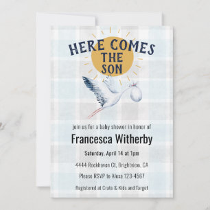 001 Sky 020 Fog Sun Plaid Stork Baby Shower Invitation