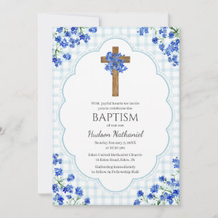 001 Sky Blue Blossom Rustic Cross Design Baptism Invitation