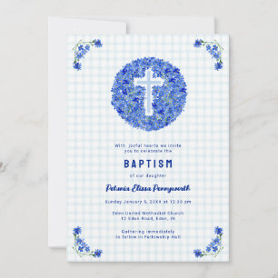 001 Sky Blue Country Gingham Floral Cross Baptism Invitation