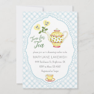 001 Sky Blue Cute Gingham Tea Party Baby Shower Invitation