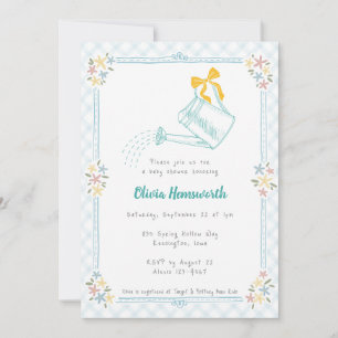 001 Sky Blue Gingham Watering Can Baby Shower Invitation