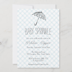 001 Sky Blue Modern Umbrella Baby Sprinkle Gingham Invitation