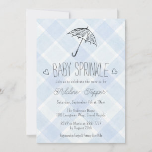001 Sky Blue Plaid Umbrella Baby Sprinkle Shower Invitation