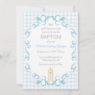 001 Sky Blue Scroll Gingham Cross Candle Baptism Invitation