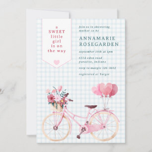 001 Sky Blue Sweet Floral Girl Bike Baby Shower Invitation