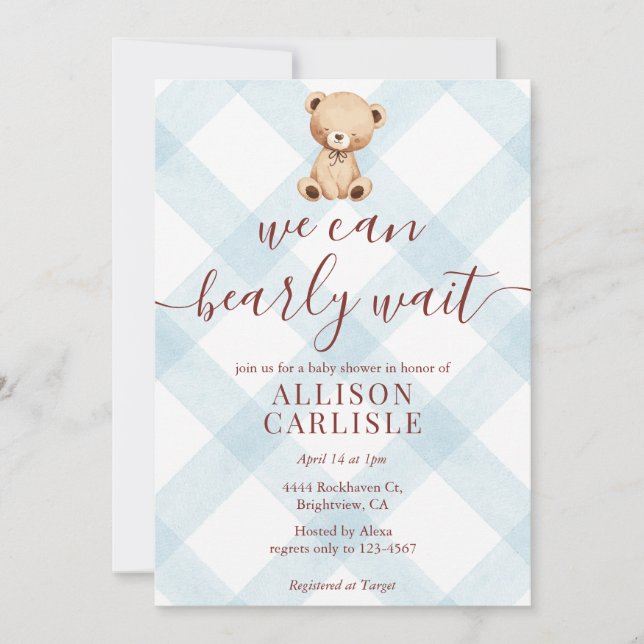001 Sky Blue Teddy Bear Gingham Baby Shower Invitation (Front)