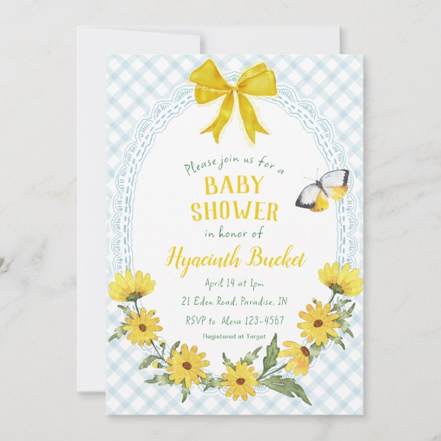 001 Sky Blue Yellow Daisy Bow Gingham Baby Shower Invitation (Front)