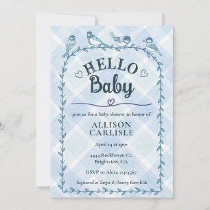 001 Sky Watercolor Gingham Birds Baby Shower Invitation