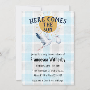 002 Cerulean 020 Fog Sun Plaid Stork Baby Shower Invitation