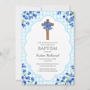 002 Cerulean Blossom Rustic Cross Design Baptism Invitation