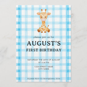 002 Cerulean Blue Check Giraffe Birthday Invite