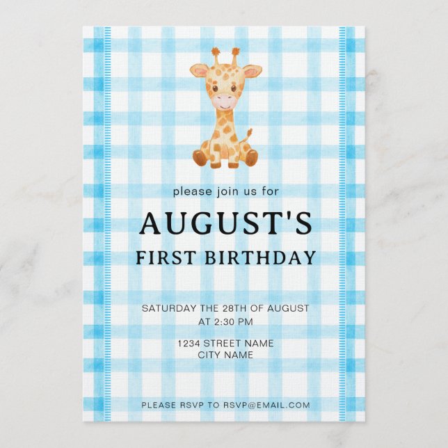 002 Cerulean Blue Check Giraffe Birthday Invite (Front)