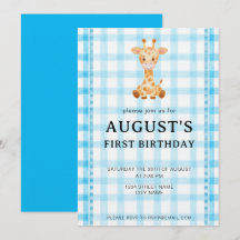 002 Cerulean Blue Check Giraffe Birthday Invite