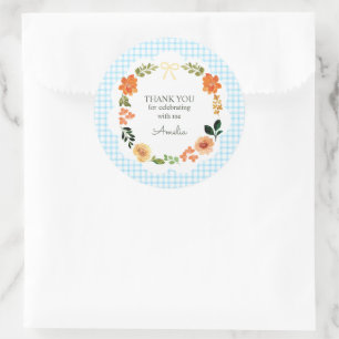002 Cerulean Blue Floral Gingham Baby Shower Classic Round Sticker
