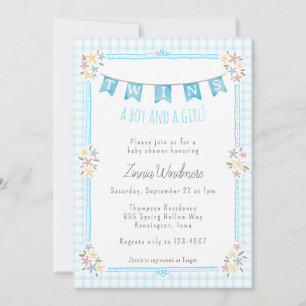 002 Cerulean Blue Gingham Floral Twins Baby Shower Invitation