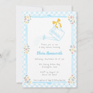 002 Cerulean Blue Gingham Watering Can Baby Shower Invitation