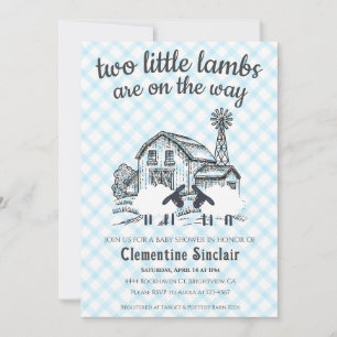 002 Cerulean Blue Little Lambs Gingham Baby Shower Invitation