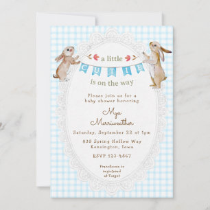 002 Cerulean Blue Sweet Bunny Gingham Baby Shower Invitation