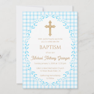 002 Cerulean Botanical Vine Ornate Cross Baptism Invitation
