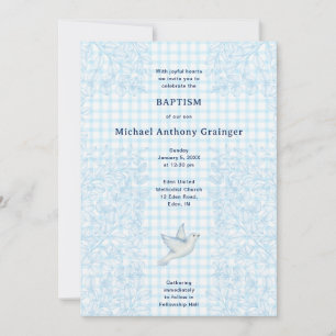 002 Cerulean Dove Botanical Cross Gingham Baptism Invitation