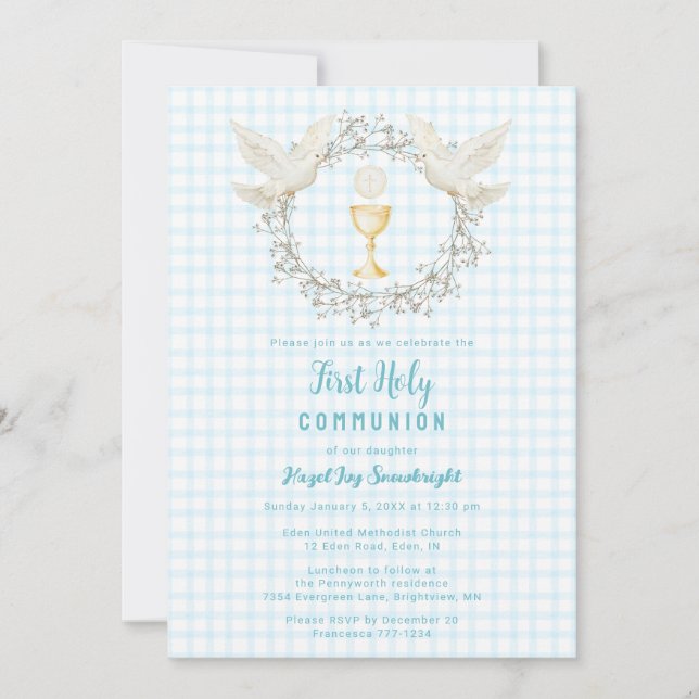 002 Cerulean Dove & Chalice Gingham 1st Communion Invitation (Front)
