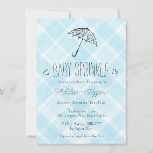 002 Cerulean Plaid Umbrella Baby Sprinkle Shower Invitation