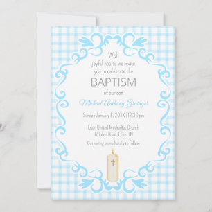 002 Cerulean Scroll Gingham Cross Candle Baptism Invitation