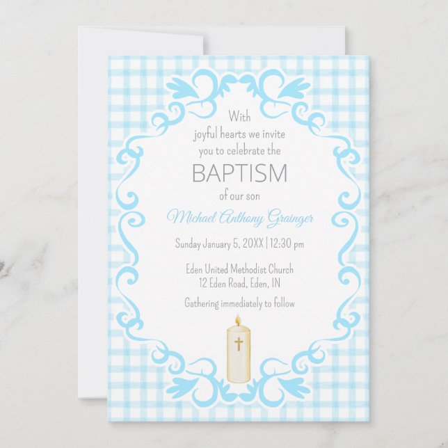 002 Cerulean Scroll Gingham Cross Candle Baptism Invitation (Front)
