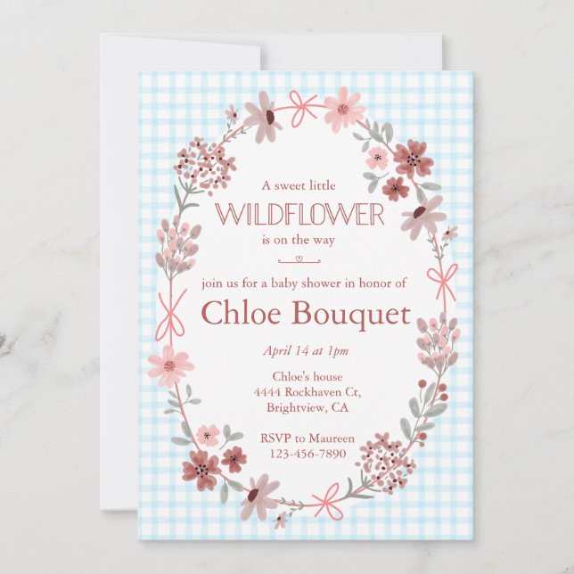 002 Cerulean Wildflower Bow Gingham Baby Shower Invitation (Front)