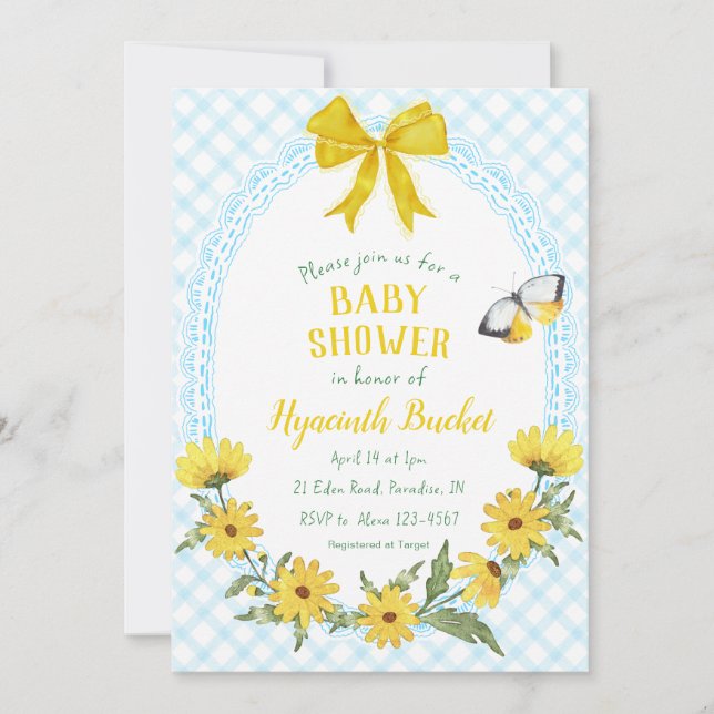 002 Cerulean Yellow Daisy Bow Gingham Baby Shower Invitation (Front)