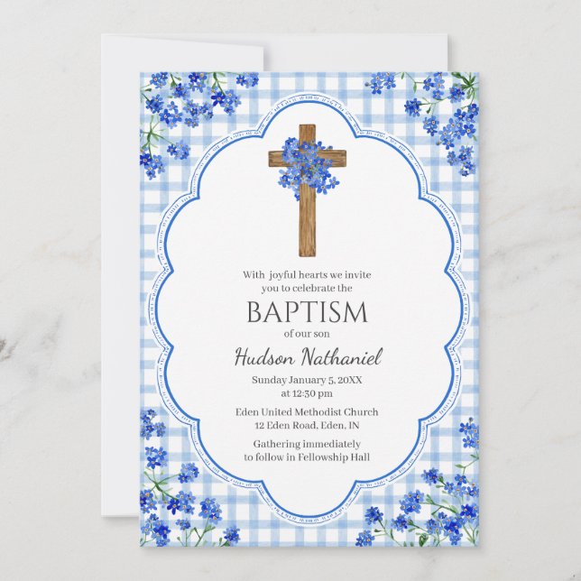 003 Cobalt Blossom Rustic Cross Design Baptism Invitation (Front)