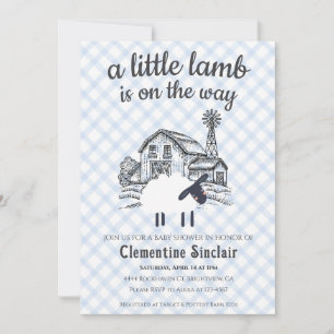 003 Cobalt Blue A Little Lamb Gingham Baby Shower Invitation