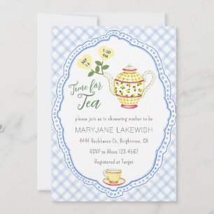 003 Cobalt Blue Cute Gingham Tea Party Baby Shower Invitation