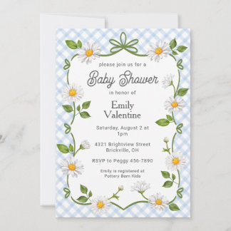 003 Cobalt Blue Floral Daisy Plaid Baby Shower Invitation