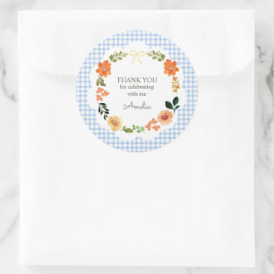 003 Cobalt Blue Floral Gingham Baby Shower Classic Round Sticker