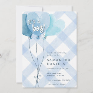 003 Cobalt Blue Heart Balloon Gingham Baby Shower Invitation