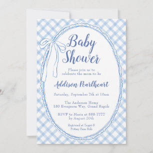 003 Cobalt Blue Heirloom Lace Gingham Baby Shower Invitation
